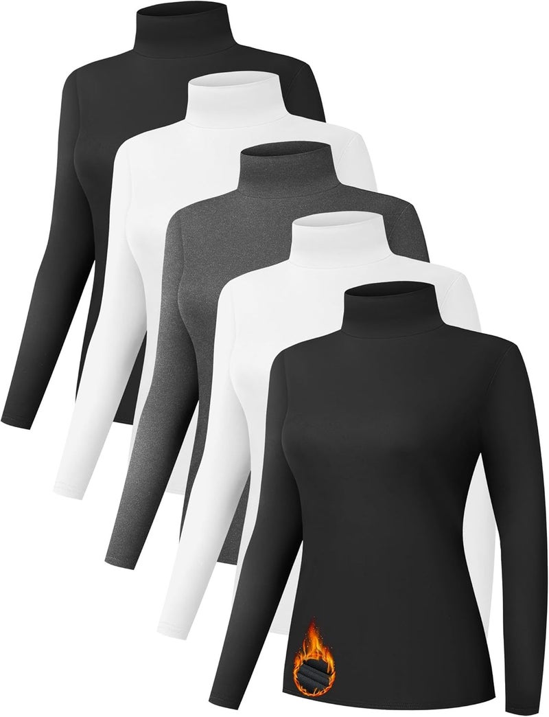 Kinglaman 5 Pack Turtleneck Thermal Shirts for Women, Turtle Neck Long Sleeve Fleece Lined Base Layer Underwear Tops - Image 1